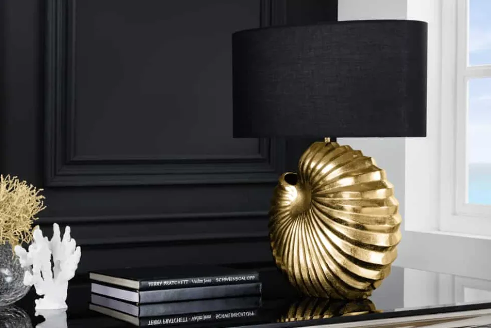Design Tischlampe SHELL 60cm gold schwarz Metall Stoffschirm maritim