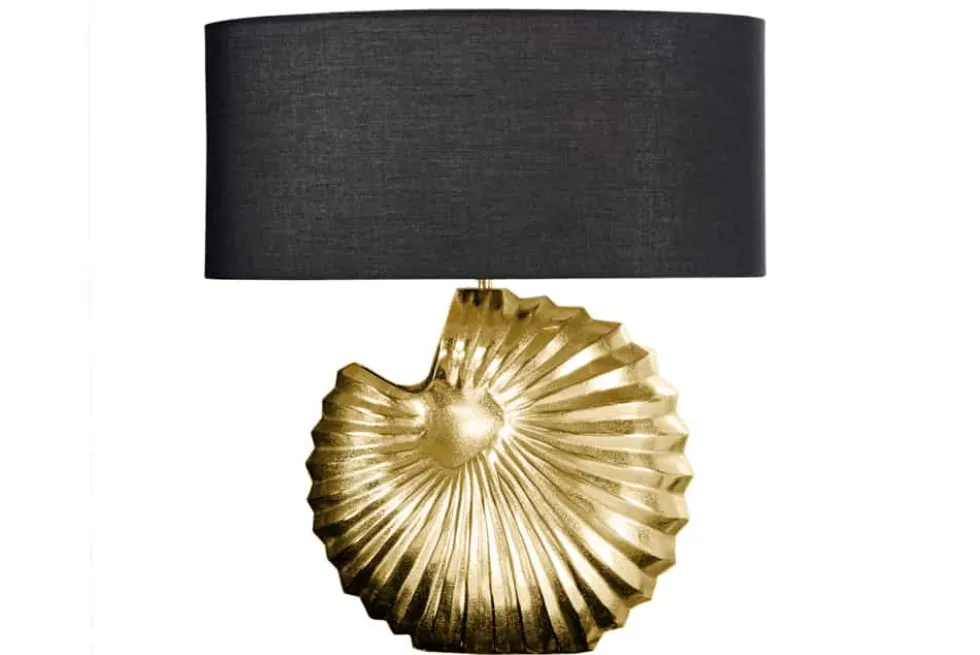 Design Tischlampe SHELL 60cm gold schwarz Metall Stoffschirm maritim