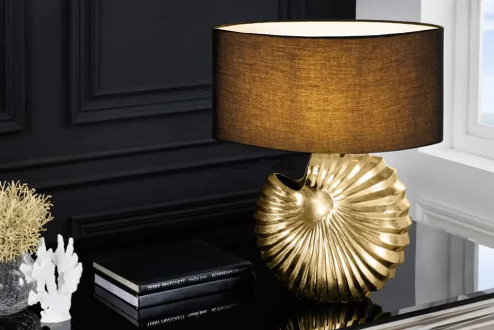 Design Tischlampe SHELL 60cm gold schwarz Metall Stoffschirm maritim