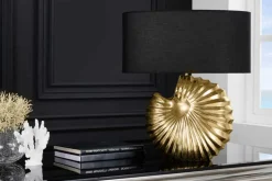 Design Tischlampe SHELL 60cm gold schwarz Metall Stoffschirm maritim