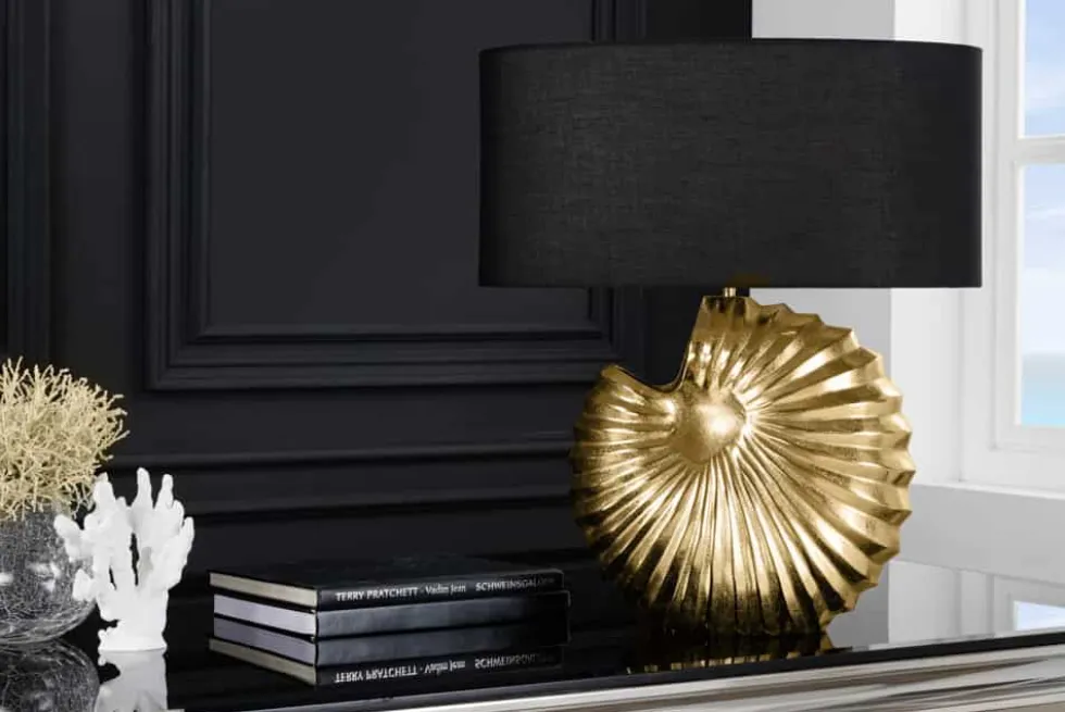 Design Tischlampe SHELL 60cm gold schwarz Metall Stoffschirm maritim