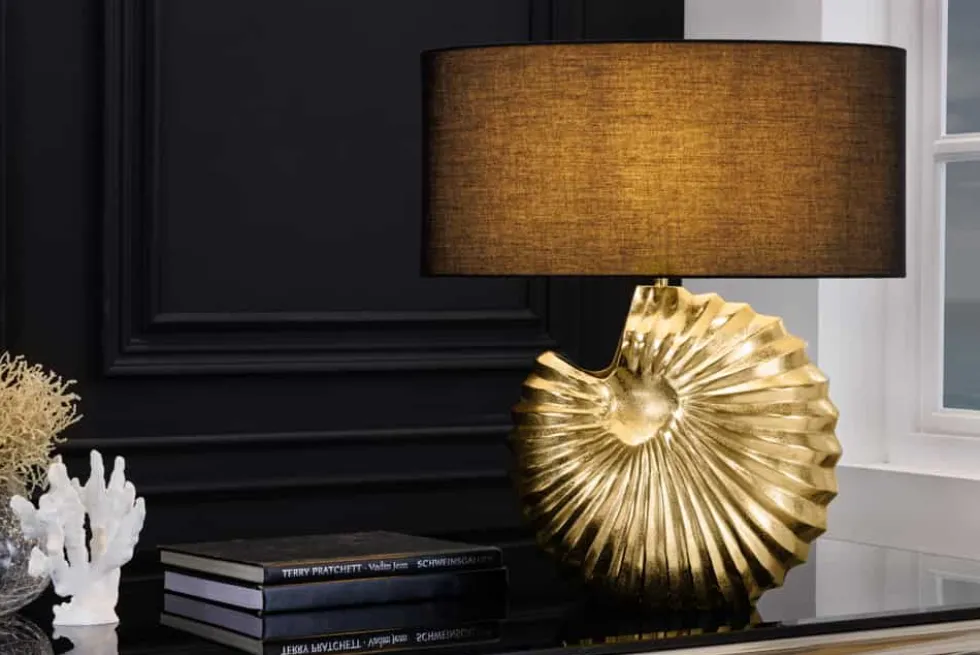 Design Tischlampe SHELL 60cm gold schwarz Metall Stoffschirm maritim