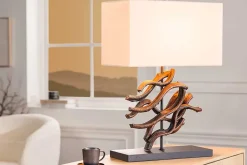 Design Tischlampe WAVE 60cm natur Massivholz handmade beige Baumwollschirm