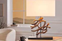 Design Tischlampe WAVE 60cm natur Massivholz handmade beige Baumwollschirm