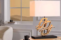 Design Tischlampe WAVE 60cm natur Massivholz handmade weiß Baumwollschirm
