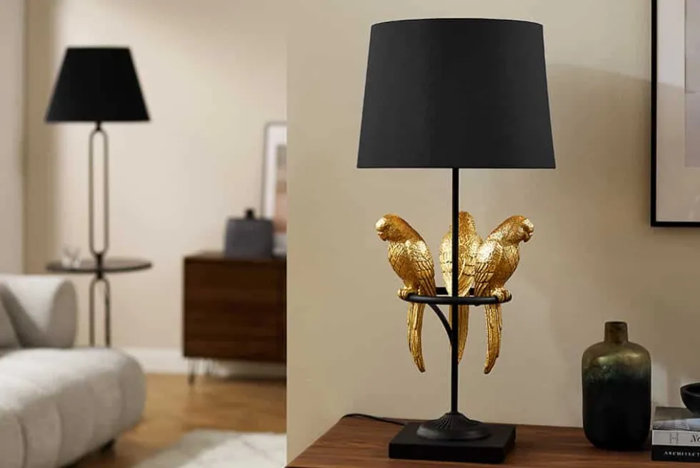 Design Tischlampe WILDLIFE 75cm schwarz gold rund Papagei Skulpturen mit Marmor-Fuß