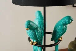 Design Tischlampe WILDLIFE 75cm schwarz türkis rund Papagei Skulpturen mit Marmor-Fuß