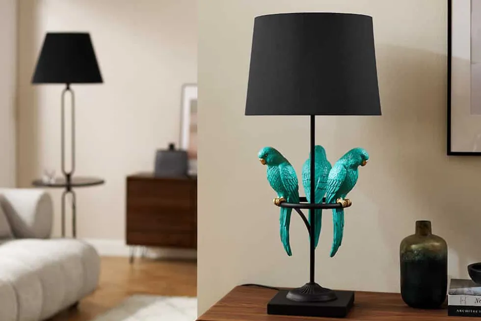 Design Tischlampe WILDLIFE 75cm schwarz türkis rund Papagei Skulpturen mit Marmor-Fuß