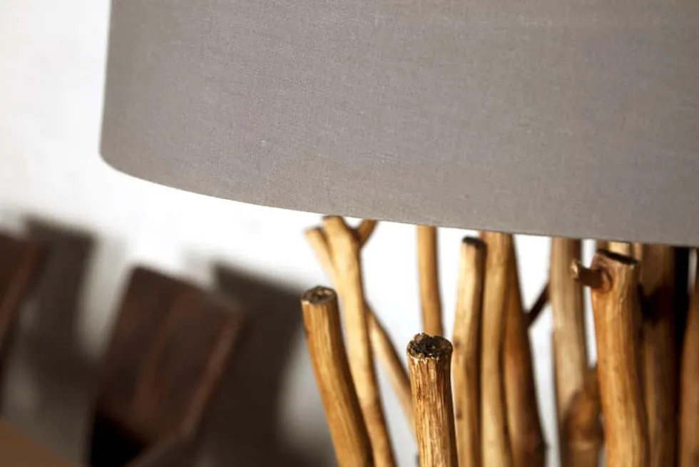 Design Treibholz Stehlampe EUPHORIA 180cm grau mit Leinenschirm