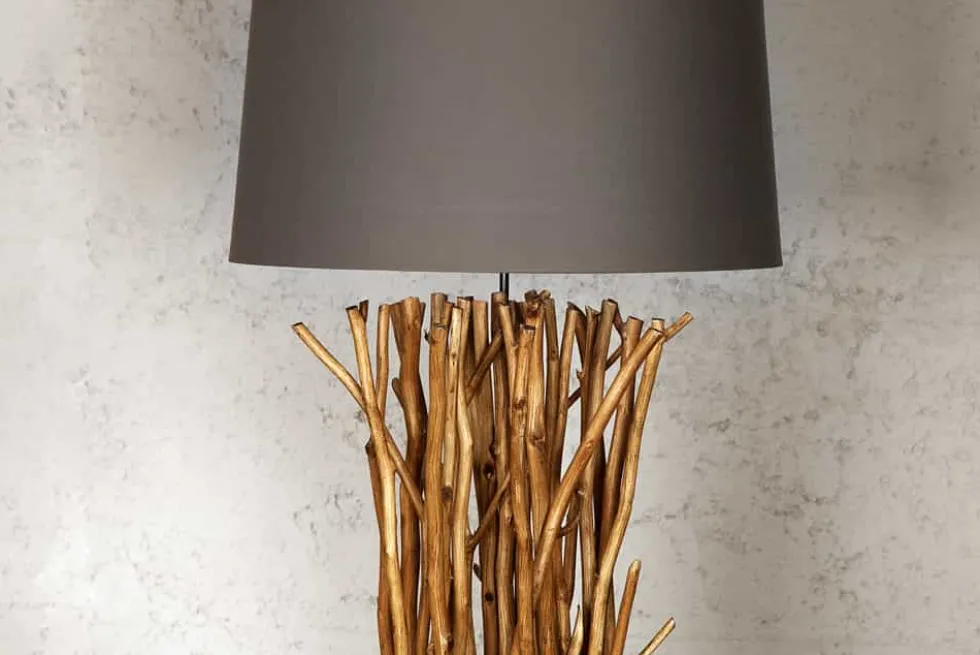 Design Treibholz Stehlampe EUPHORIA 180cm grau mit Leinenschirm