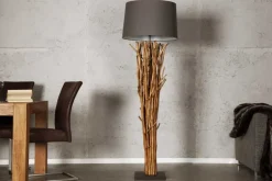 Design Treibholz Stehlampe EUPHORIA 180cm grau mit Leinenschirm