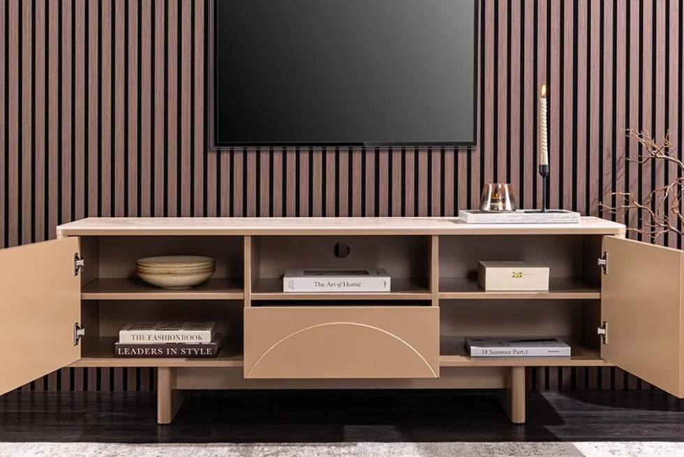Design TV Board SAVOY 150cm grau beige greige Travertin Keramik mit Schublade 3D-Front