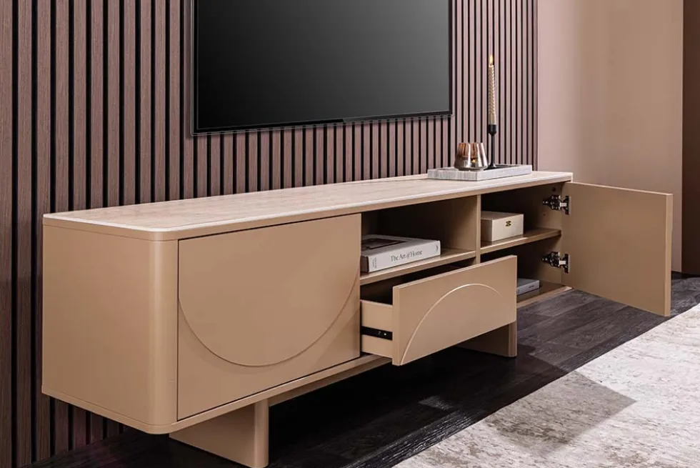 Design TV Board SAVOY 150cm grau beige greige Travertin Keramik mit Schublade 3D-Front