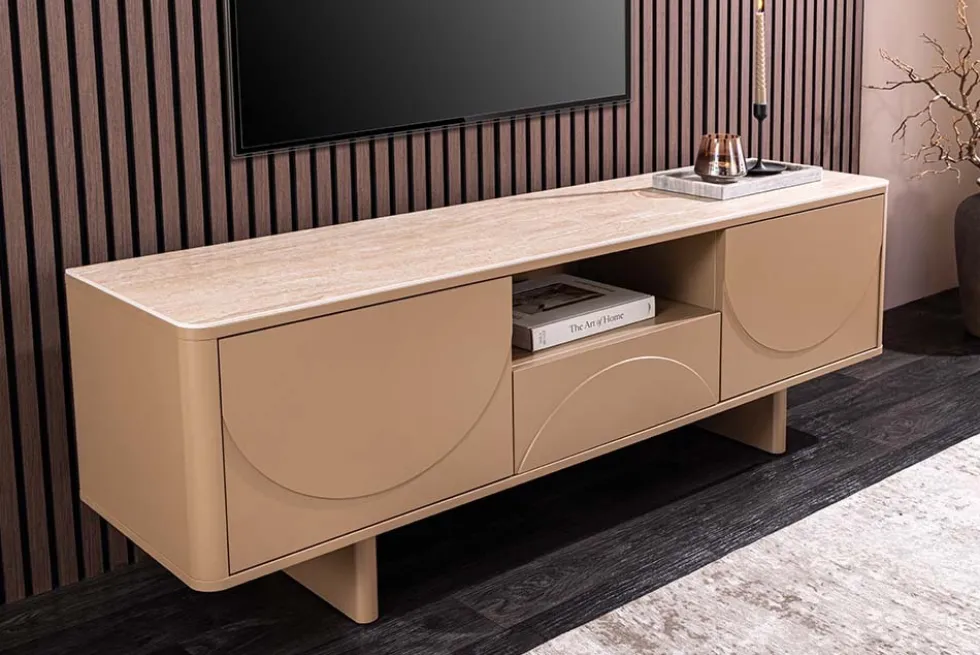 Design TV Board SAVOY 150cm grau beige greige Travertin Keramik mit Schublade 3D-Front