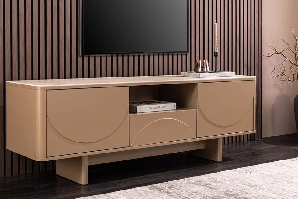 Design TV Board SAVOY 150cm grau beige greige Travertin Keramik mit Schublade 3D-Front