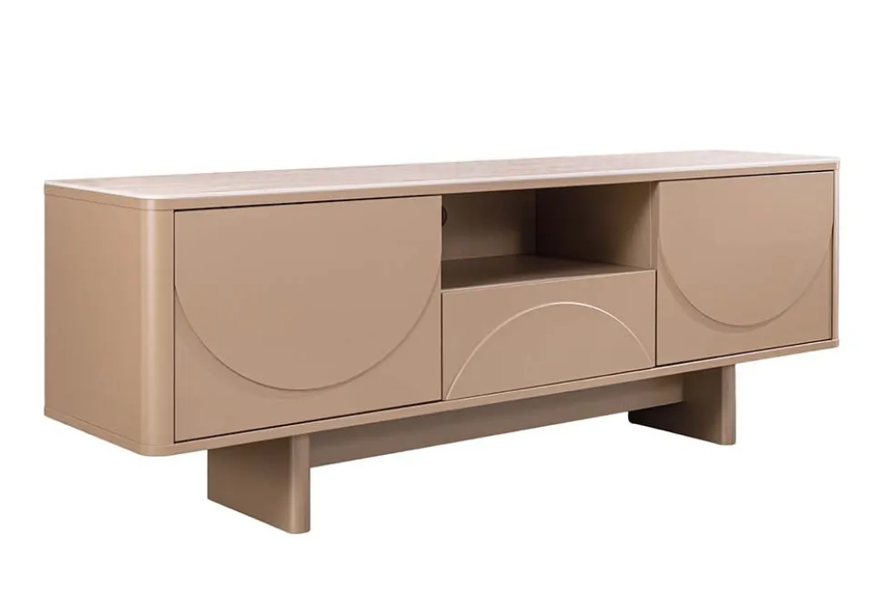 Design TV Board SAVOY 150cm grau beige greige Travertin Keramik mit Schublade 3D-Front