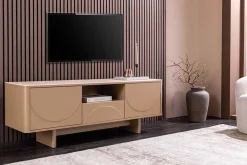 Design TV Board SAVOY 150cm grau beige greige Travertin Keramik mit Schublade 3D-Front