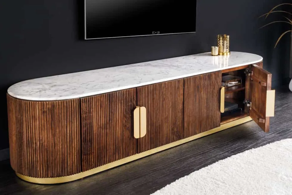 Design TV-Board GATSBY 170cm braun gold Mangoholz weiße Marmorplatte Lowboard