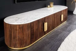 Design TV-Board GATSBY 170cm braun gold Mangoholz weiße Marmorplatte Lowboard