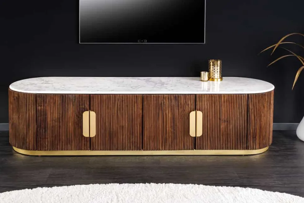 Design TV-Board GATSBY 170cm braun gold Mangoholz weiße Marmorplatte Lowboard