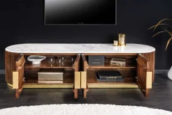 Design TV-Board GATSBY 170cm braun gold Mangoholz weiße Marmorplatte Lowboard