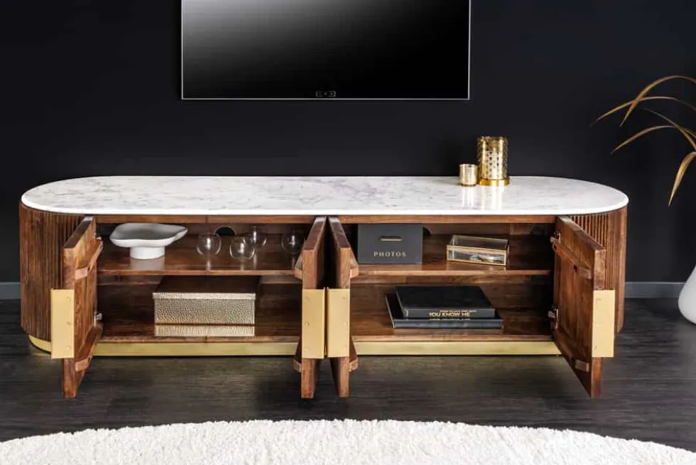 Design TV-Board GATSBY 170cm braun gold Mangoholz weiße Marmorplatte Lowboard