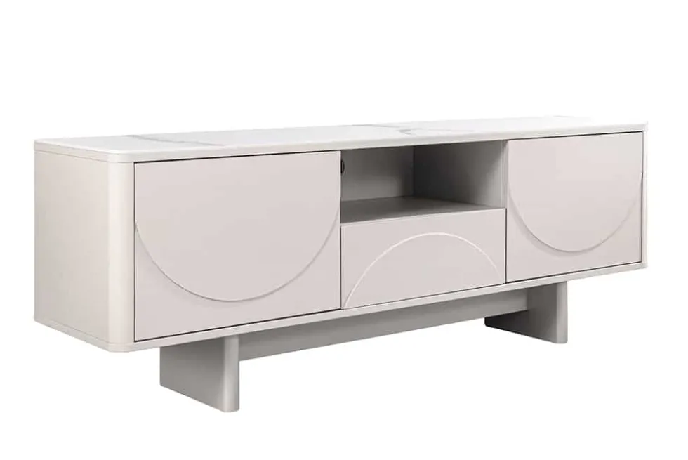 Design TV-Board SAVOY 150cm kaschmir weiß Marmor Keramik mit Stauraum und 3D-Front