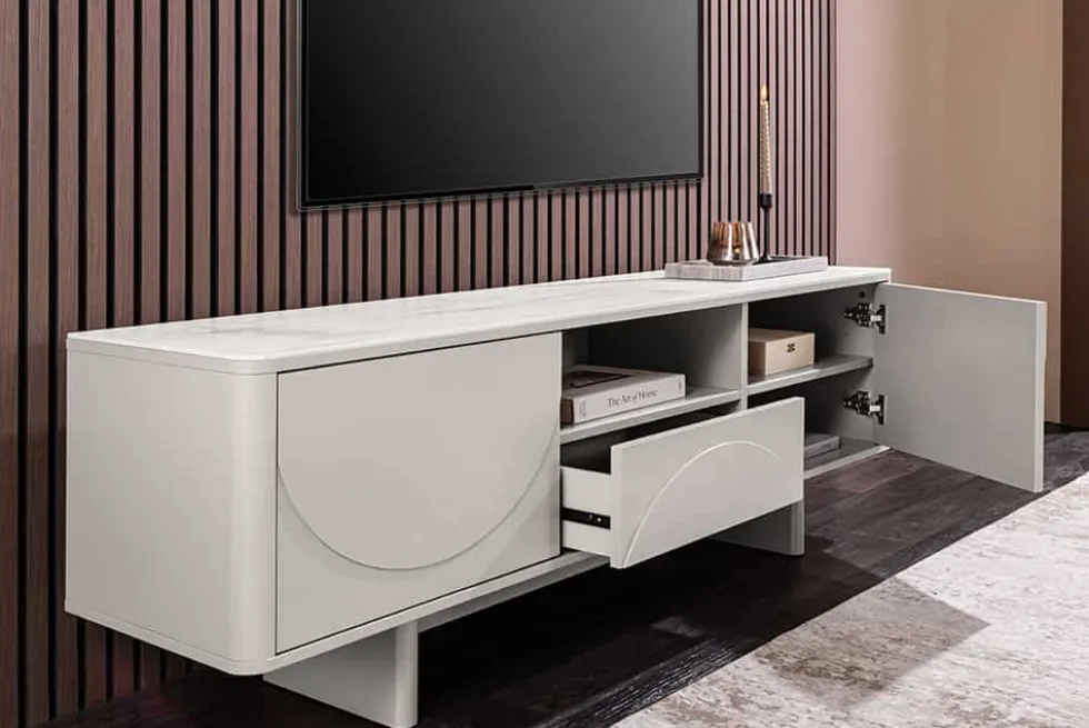 Design TV-Board SAVOY 150cm kaschmir weiß Marmor Keramik mit Stauraum und 3D-Front