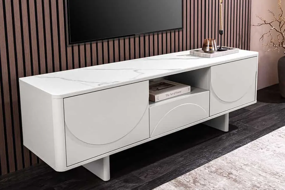 Design TV-Board SAVOY 150cm kaschmir weiß Marmor Keramik mit Stauraum und 3D-Front