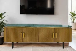 Design TV-Board VENEZIANO 160cm messing grün Marmorplatte Mangoholz Retro