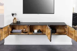 Design TV-Board WAVE 160cm schwarz Mangoholz mit 3D Schnitzereien hängend