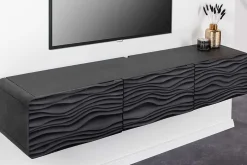 Design TV-Board WAVE 160cm schwarz Mangoholz mit 3D Schnitzereien hängend