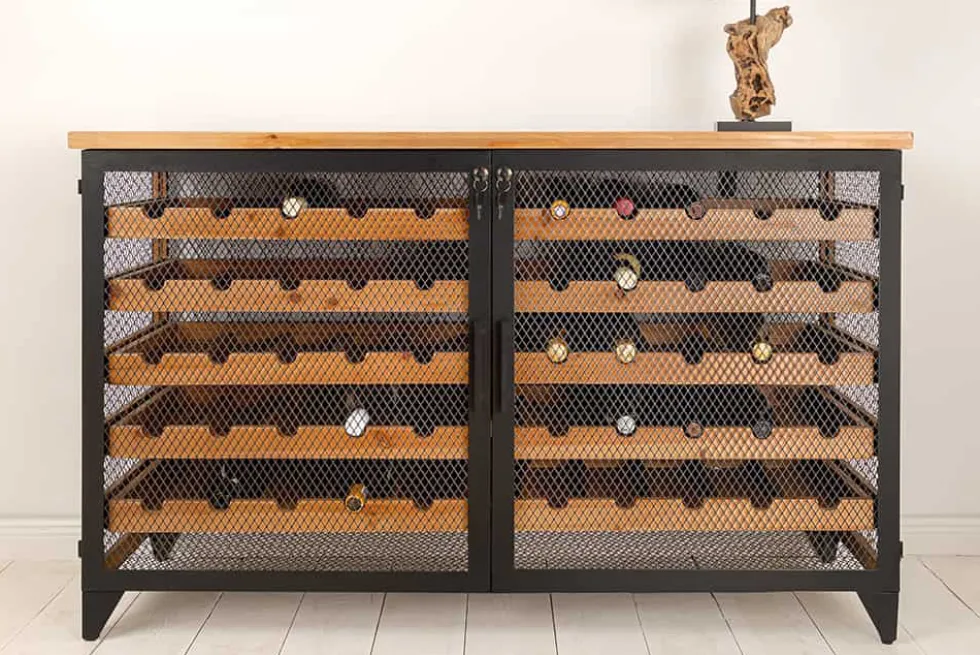 Design Weinboard BODEGA 130cm natur schwarz Tannenholz Metall Flaschenregal