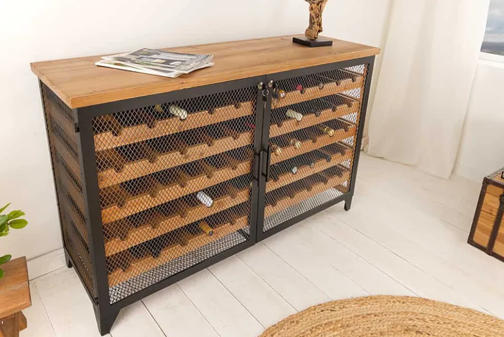 Design Weinboard BODEGA 130cm natur schwarz Tannenholz Metall Flaschenregal