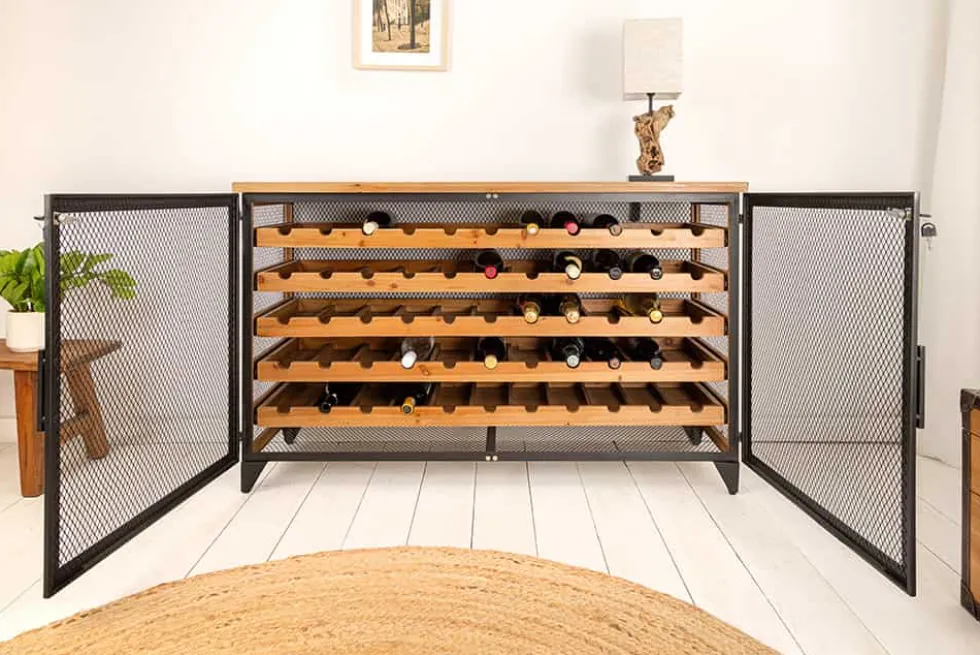 Design Weinboard BODEGA 130cm natur schwarz Tannenholz Metall Flaschenregal