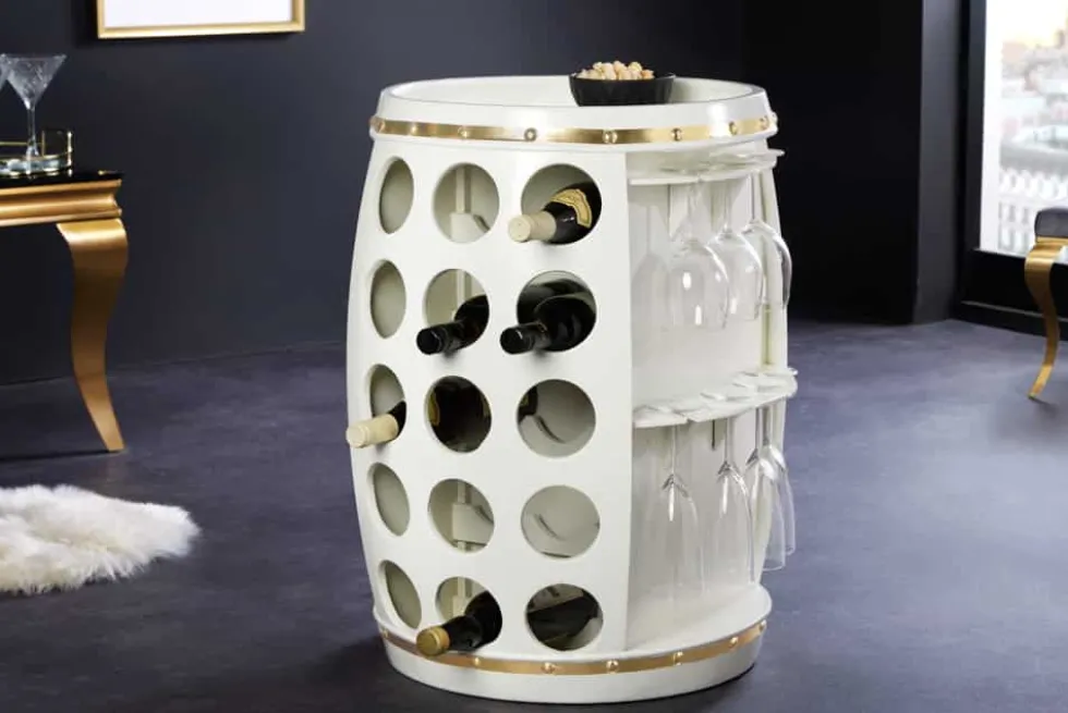 Design Weinfass BODEGA WHITE 70cm weiß gold Pinie Flaschen Gläseraufhängung