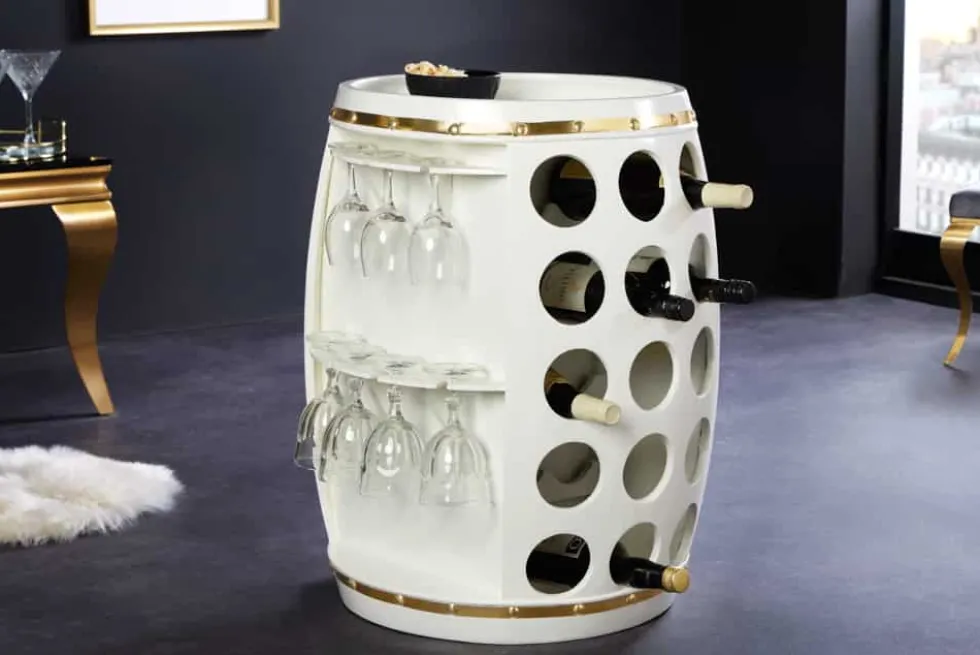 Design Weinfass BODEGA WHITE 70cm weiß gold Pinie Flaschen Gläseraufhängung
