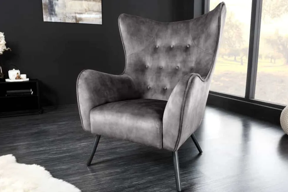 Design XL Sessel AMSTERDAM grau Samt schwarze Metallbeine Retro Stil