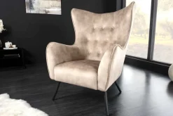 Design XL Sessel AMSTERDAM champagner Samt schwarze Metallbeine Retro Stil