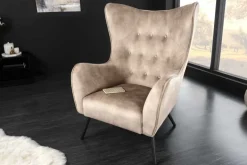 Design XL Sessel AMSTERDAM champagner Samt schwarze Metallbeine Retro Stil