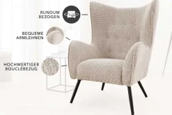 Design XL Sessel AMSTERDAM greige Bouclé schwarze Metallbeine Retro Stil