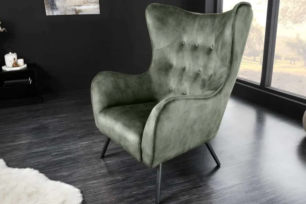 Design XL Sessel AMSTERDAM grün Samt schwarze Metallbeine Retro Stil