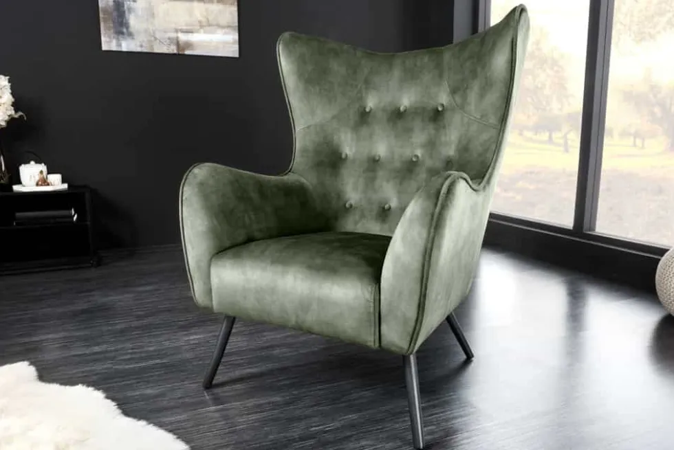 Design XL Sessel AMSTERDAM grün Samt schwarze Metallbeine Retro Stil
