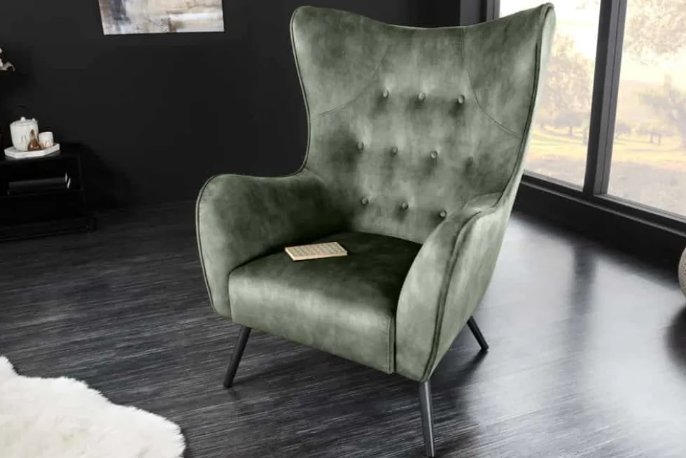 Design XL Sessel AMSTERDAM grün Samt schwarze Metallbeine Retro Stil