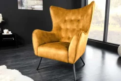 Design XL Sessel AMSTERDAM senfgelb Samt schwarze Metallbeine Retro Stil