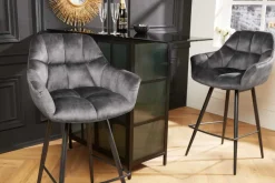 Drehbarer Barhocker PAPILLON grau Samt Barstuhl mit Lehne schwarze Metallbeine