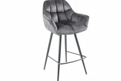 Drehbarer Barhocker PAPILLON grau Samt Barstuhl mit Lehne schwarze Metallbeine