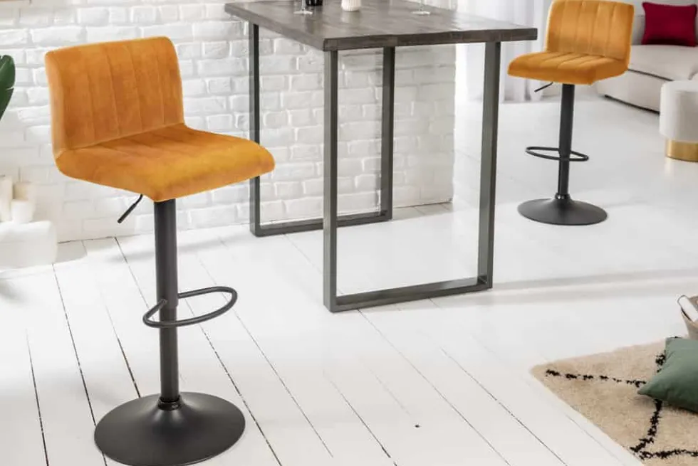 Drehbarer Barhocker PORTLAND senfgelb Samt Barstuhl mit Lehne höhenverstellbar