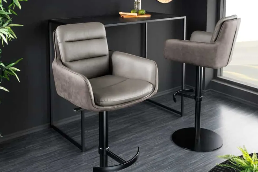 Drehbarer Design Barhocker BIG GEORGE taupe Echtleder Microfaser höhenverstellbar mit Armlehnen