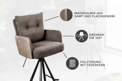 Drehbarer Design Barhocker BIG GEORGE taupe Samt Taschenfederkern mit Armlehnen Metall